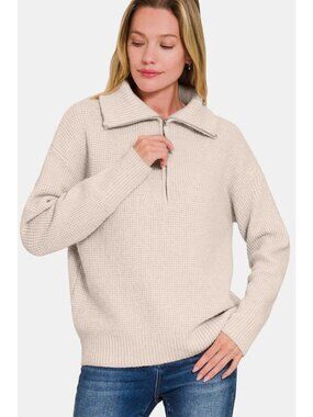 Zenana Womens Half-Zip Collared Knit Long Sleeve Sweater Size M